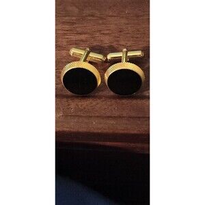 Vintage Pioneer Gold-Tone Cufflinks w/ Black Cabochon Mid-Century Mens